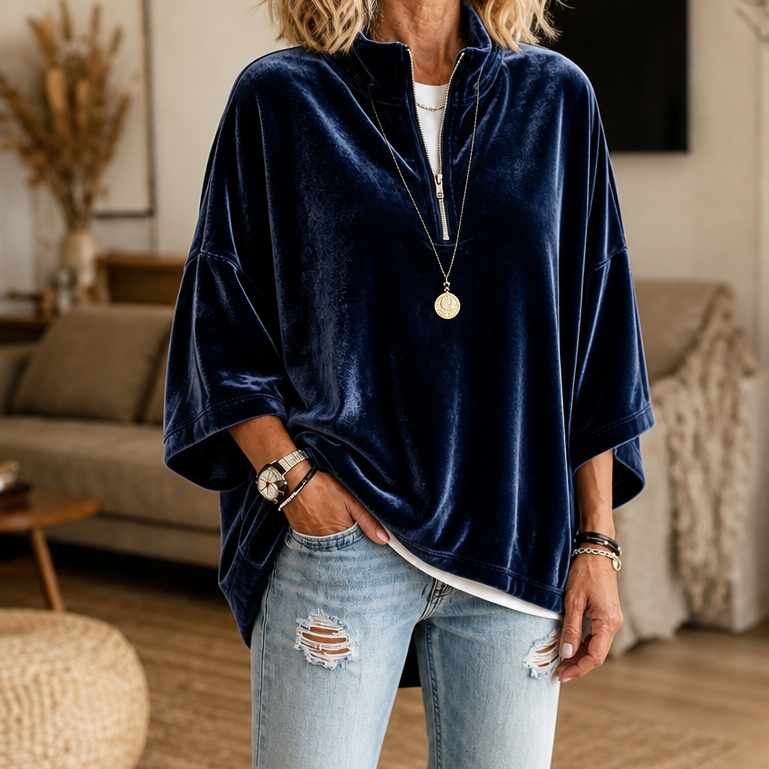 Half-Zip Funnel Neck Velour Pullover