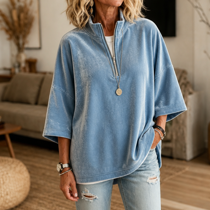 Half-Zip Funnel Neck Velour Pullover