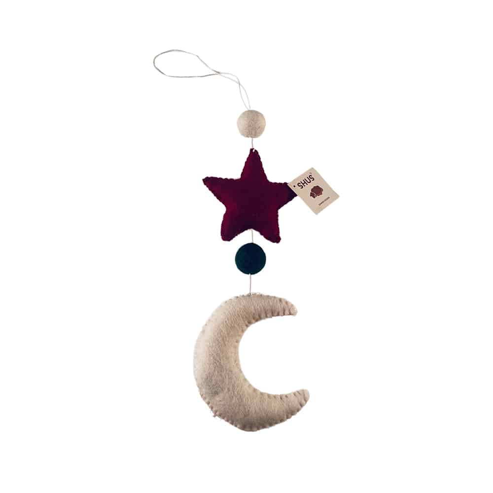 Décoration de Noël faite main représentant la lune, une étoile et des planètes - 100 % pure laine