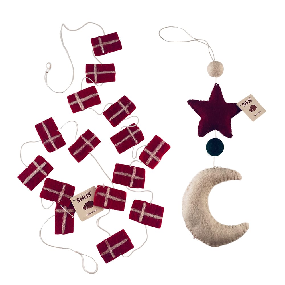 Décoration de Noël faite main représentant la lune, une étoile et des planètes - 100 % pure laine