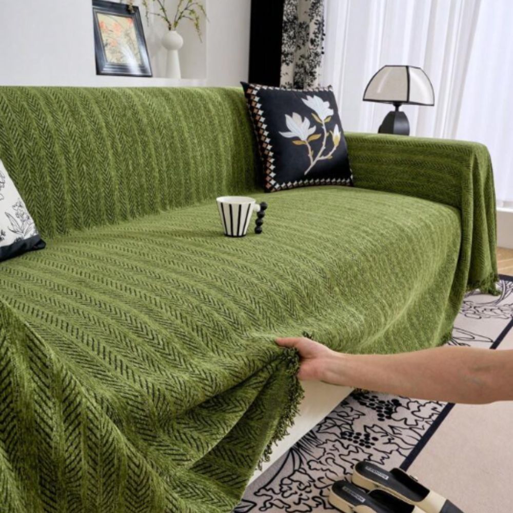 Housse de canapé en chenille à motif chevrons avec glands