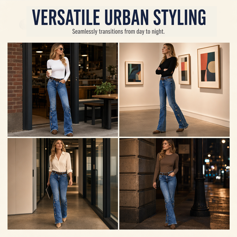 High-Waisted Stretch Flare Denim Jeans with Raw Fringe Hem
