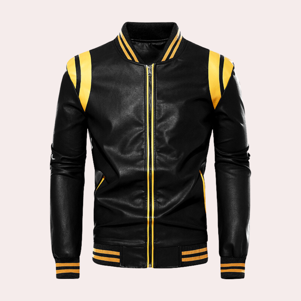 Blouson aviateur en cuir avec fermeture éclair et rayures sportives