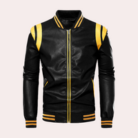 Blouson aviateur en cuir avec fermeture éclair et rayures sportives