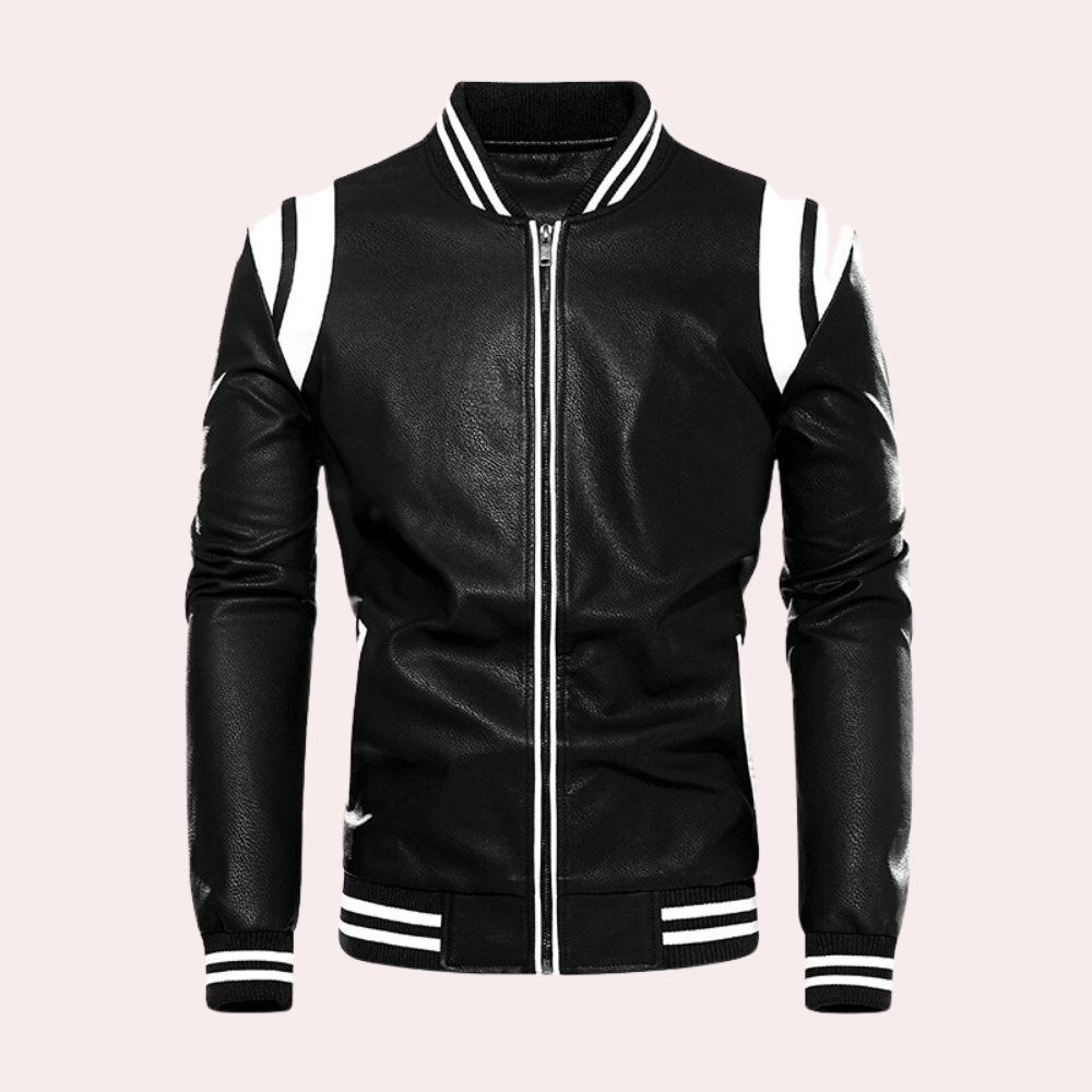 Blouson aviateur en cuir avec fermeture éclair et rayures sportives