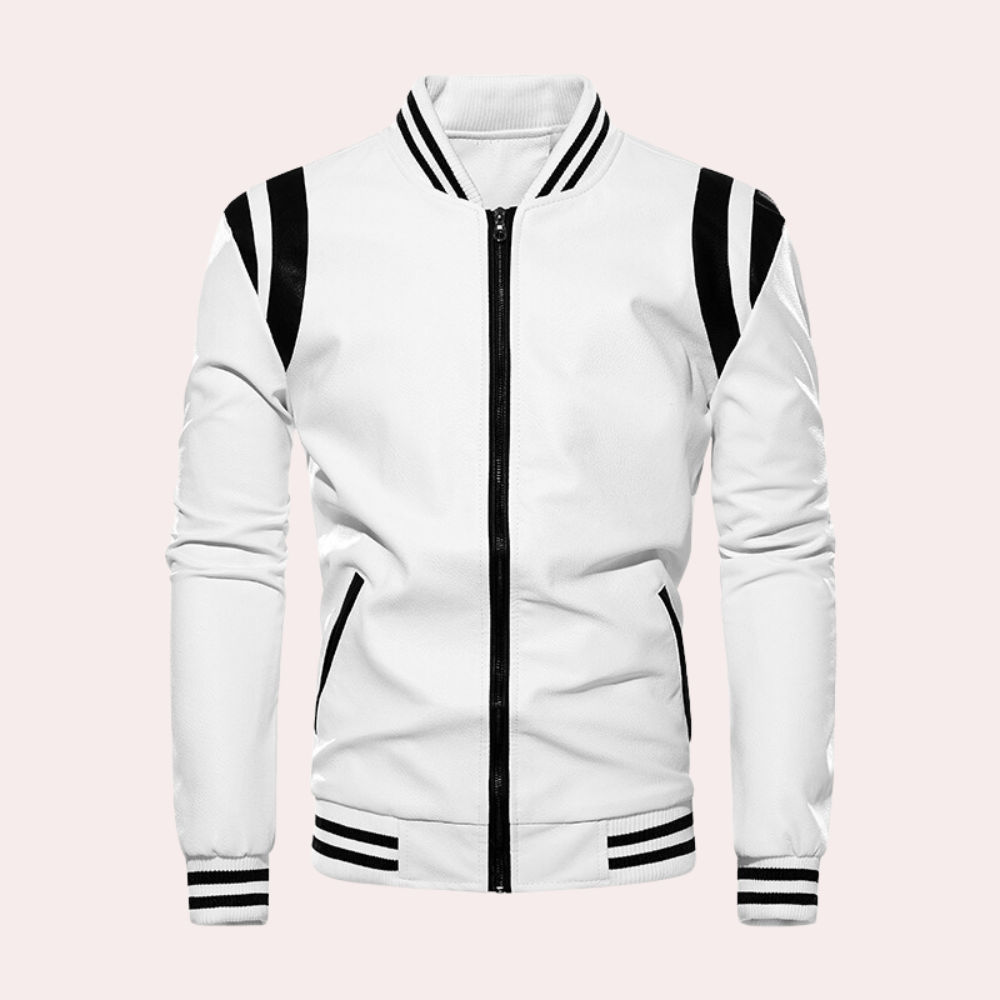 Blouson aviateur en cuir avec fermeture éclair et rayures sportives
