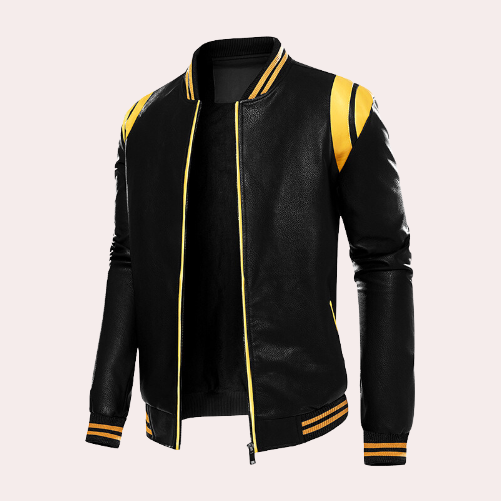 Blouson aviateur en cuir avec fermeture éclair et rayures sportives