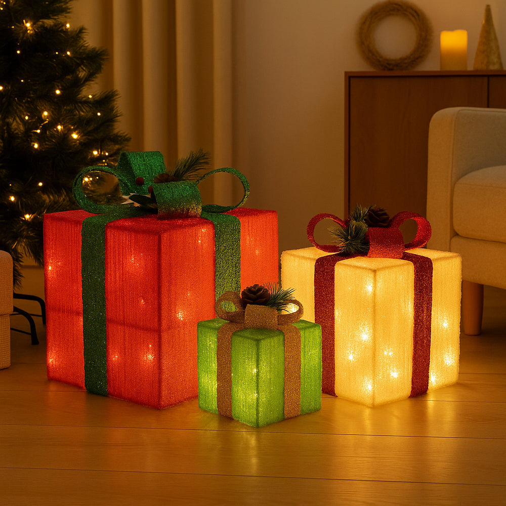 LED Gift Boxes - Set of 3 - Red, Green & Yellow