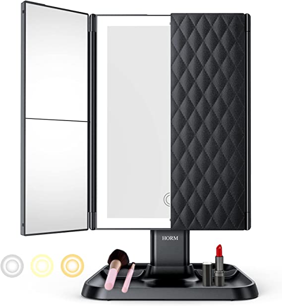 LED Makeup Mirror with Adjustable Magnification and Stylish Storage Tray