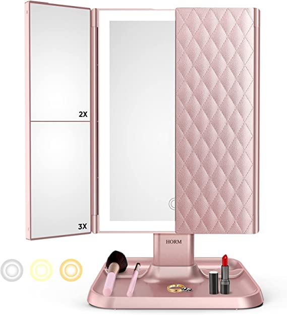 LED Makeup Mirror with Adjustable Magnification and Stylish Storage Tray