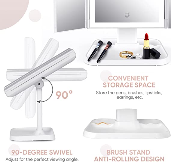 LED Makeup Mirror with Adjustable Magnification and Stylish Storage Tray