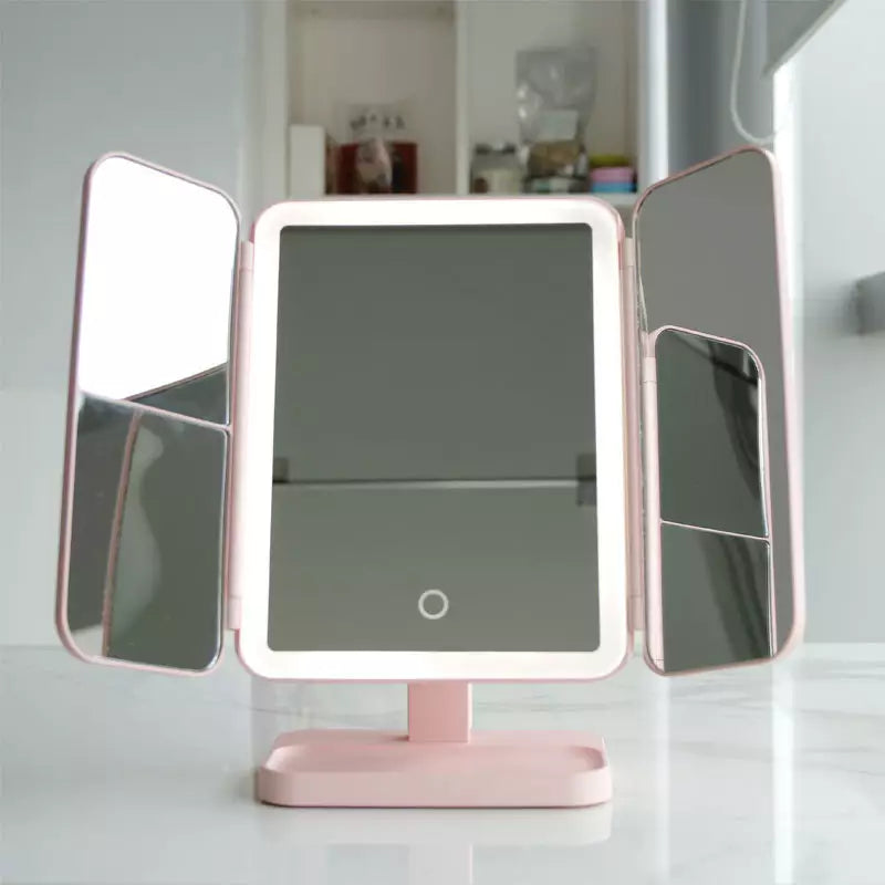 LED Makeup Mirror with Adjustable Magnification and Stylish Storage Tray