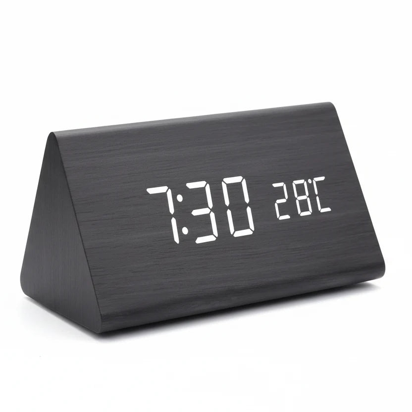 LED Wood-Look Alarm Clock with 3 Alarms, Temperature Display and Adjustable Brightness