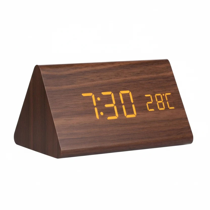 LED Wood-Look Alarm Clock with 3 Alarms, Temperature Display and Adjustable Brightness