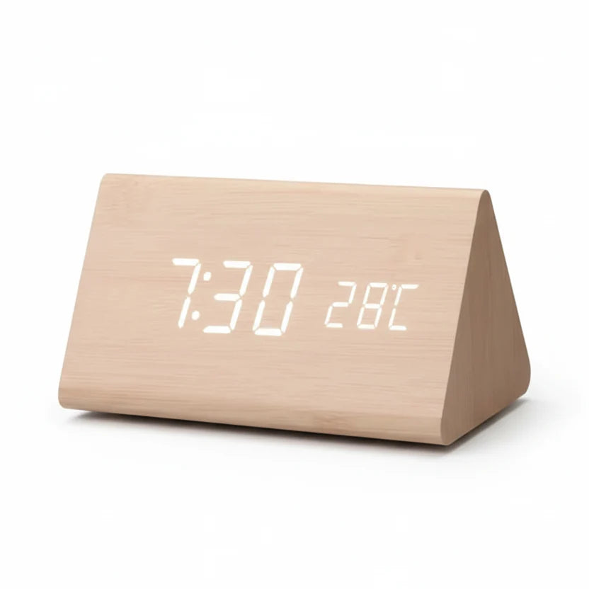 LED Wood-Look Alarm Clock with 3 Alarms, Temperature Display and Adjustable Brightness