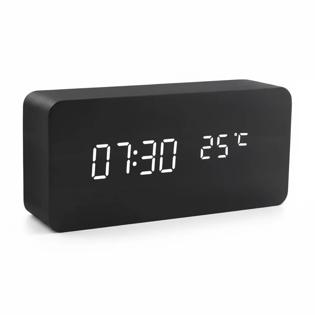 LED Wood-Look Alarm Clock with 3 Alarms, Temperature Display and Adjustable Brightness