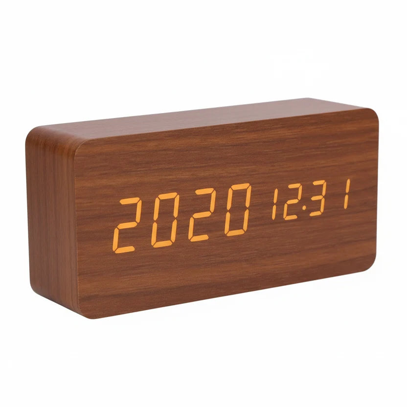 LED Wood-Look Alarm Clock with 3 Alarms, Temperature Display and Adjustable Brightness