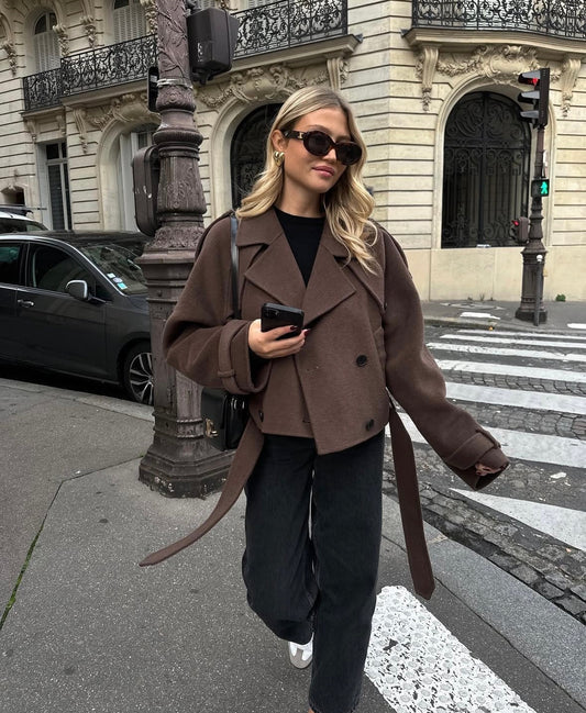 Cropped Belted Coat | Elegant Double-Breasted Women's Coat