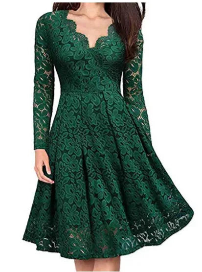 Long Sleeve Slash Neck Lace Dress - Image 2
