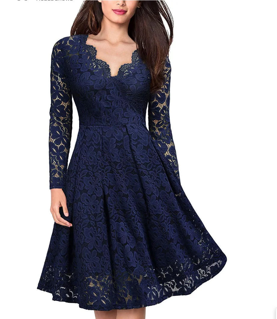 Long Sleeve Slash Neck Lace Dress - Image 3
