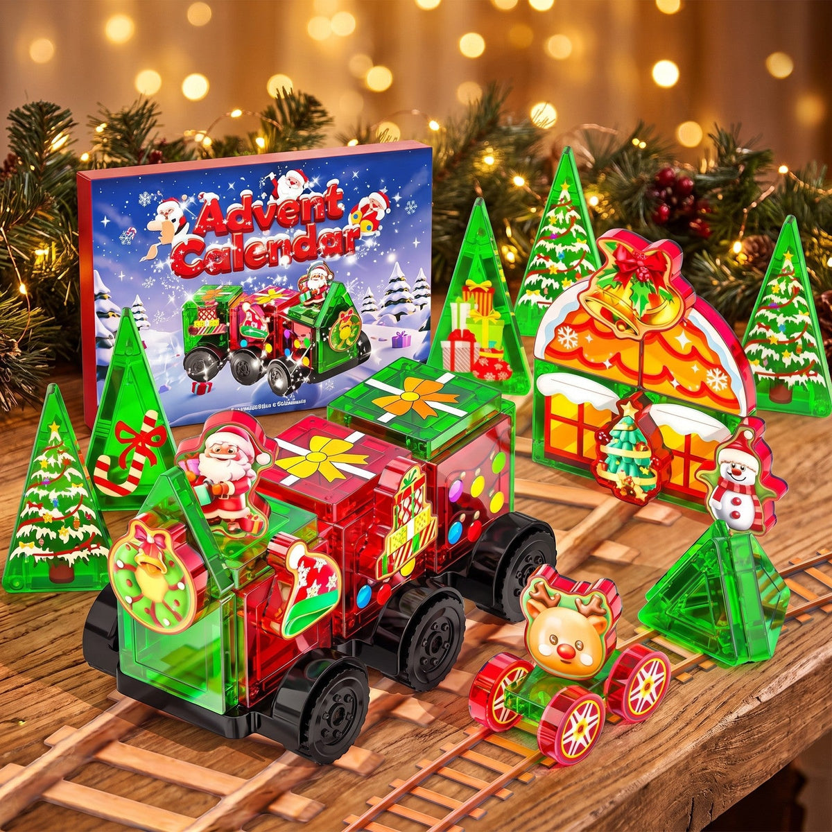 Christmas Magnetic Tiles Advent Calendar, 45-Piece Train Building Set