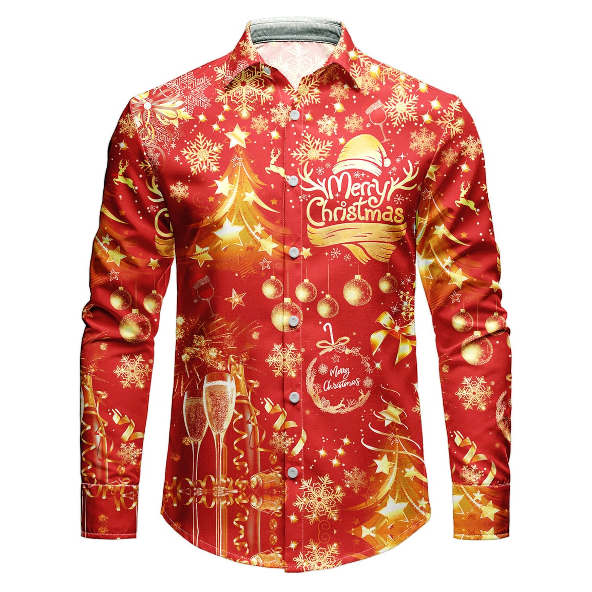Men's Christmas Shirt with Funny Holiday Print, Spread Collar and White Button-Up Front