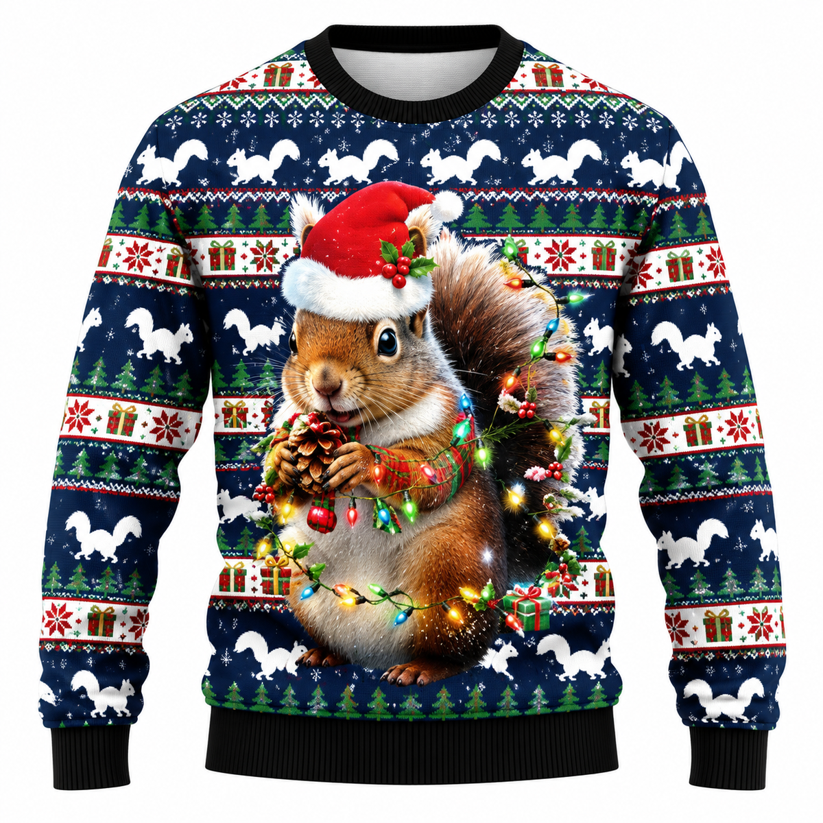 Men's Christmas Sweatshirt with Snowflake, Christmas Tree & Light Print - Casual Fit, Crew Neck & Long Sleeves
