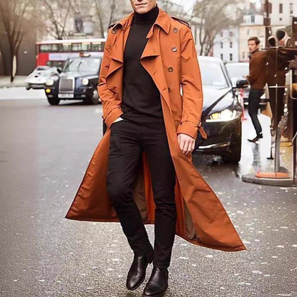 Men's Double-Breasted Trench Coat with Belted Waist