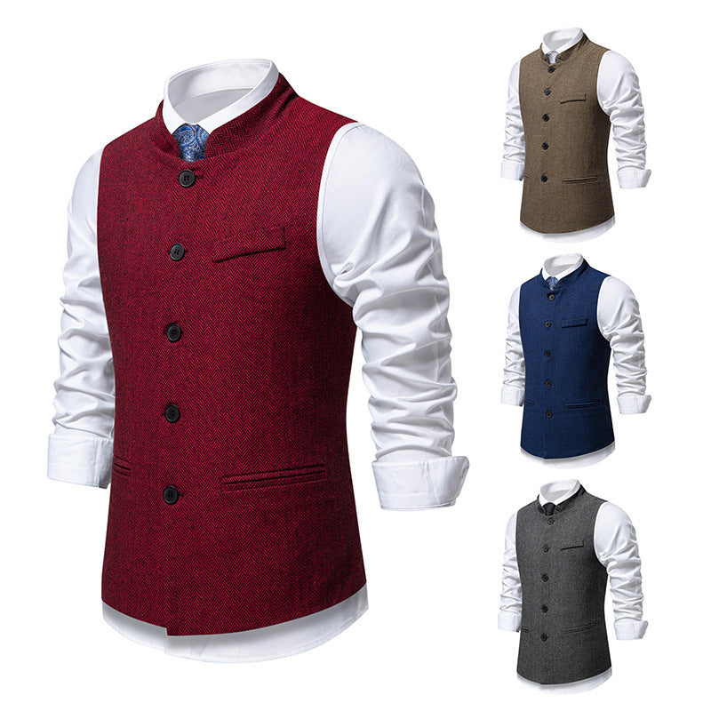 Men's Elegant Herringbone Waistcoat with Functional Pockets
