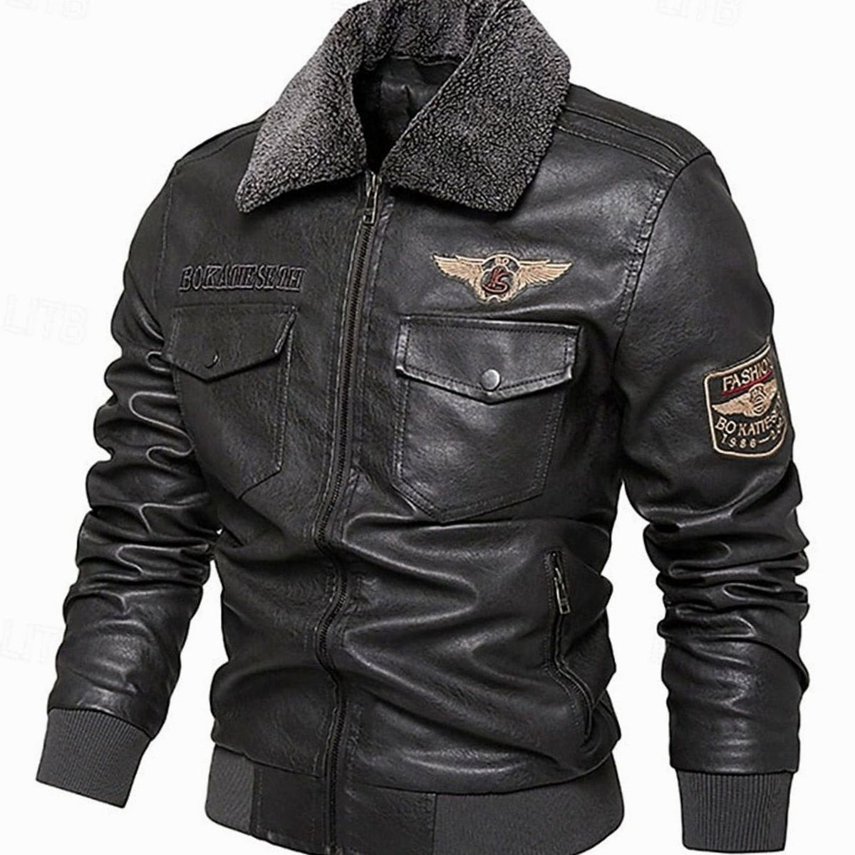 Men's Faux Leather Aviator Bomber Jacket with Sherpa Collar