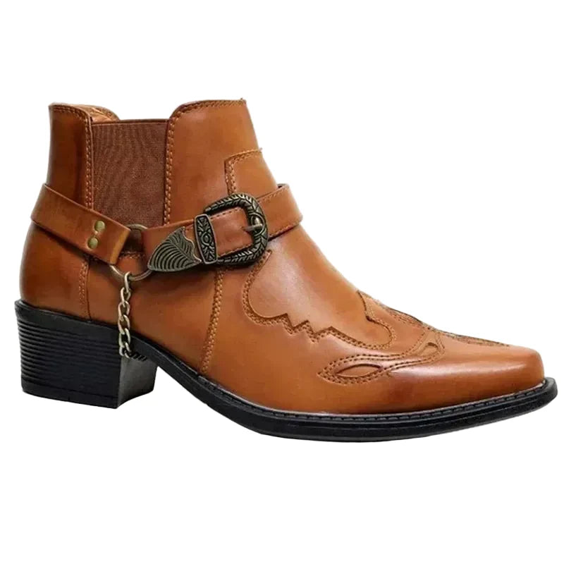 Bottes de cowboy montantes pour homme en similicuir, avec chaîne