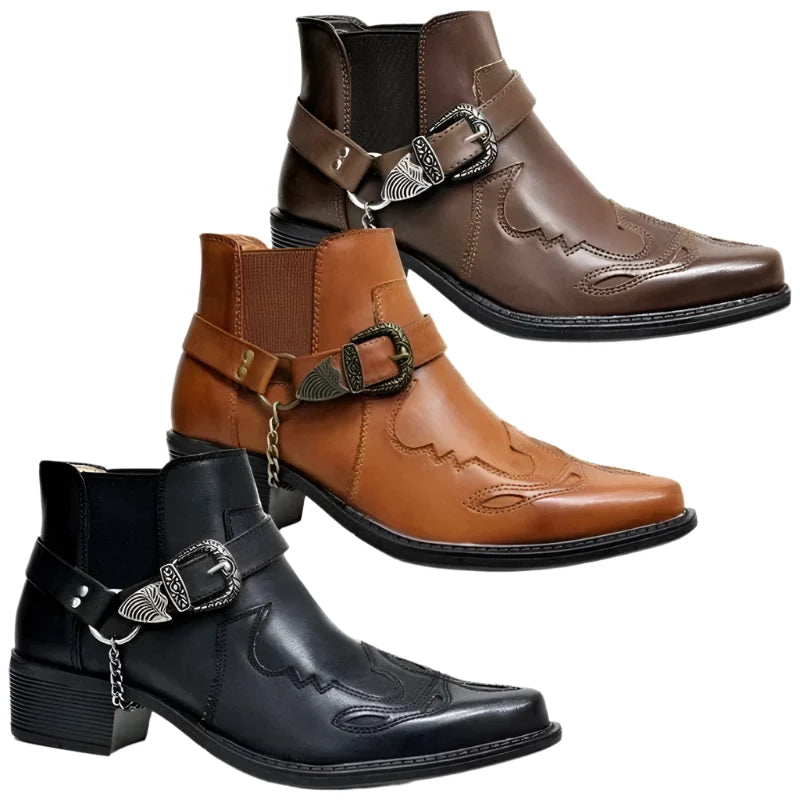 Bottes de cowboy montantes pour homme en similicuir, avec chaîne