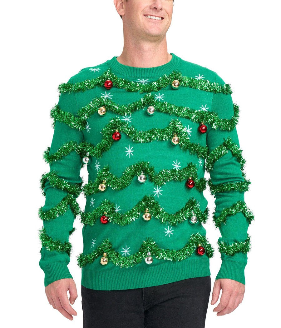 Men's Green Christmas Tree Sweater with Tinsel Garland and Shiny Baubles