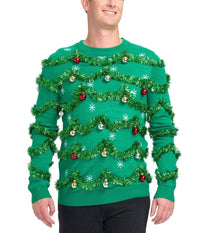 Men's Green Christmas Tree Sweater with Tinsel Garland and Shiny Baubles