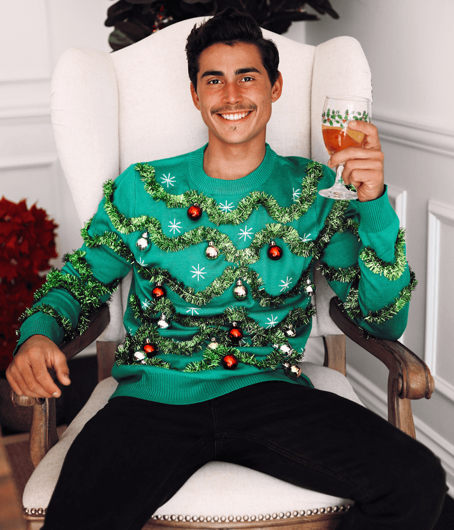 Men's Green Christmas Tree Sweater with Tinsel Garland and Shiny Baubles
