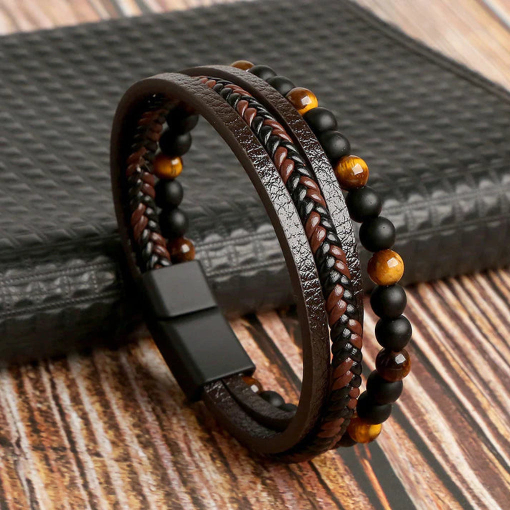 Men's Layered Leather and Stone Bead Bracelet