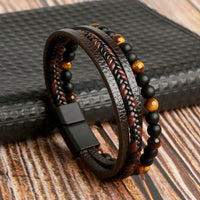 Men's Layered Leather and Stone Bead Bracelet