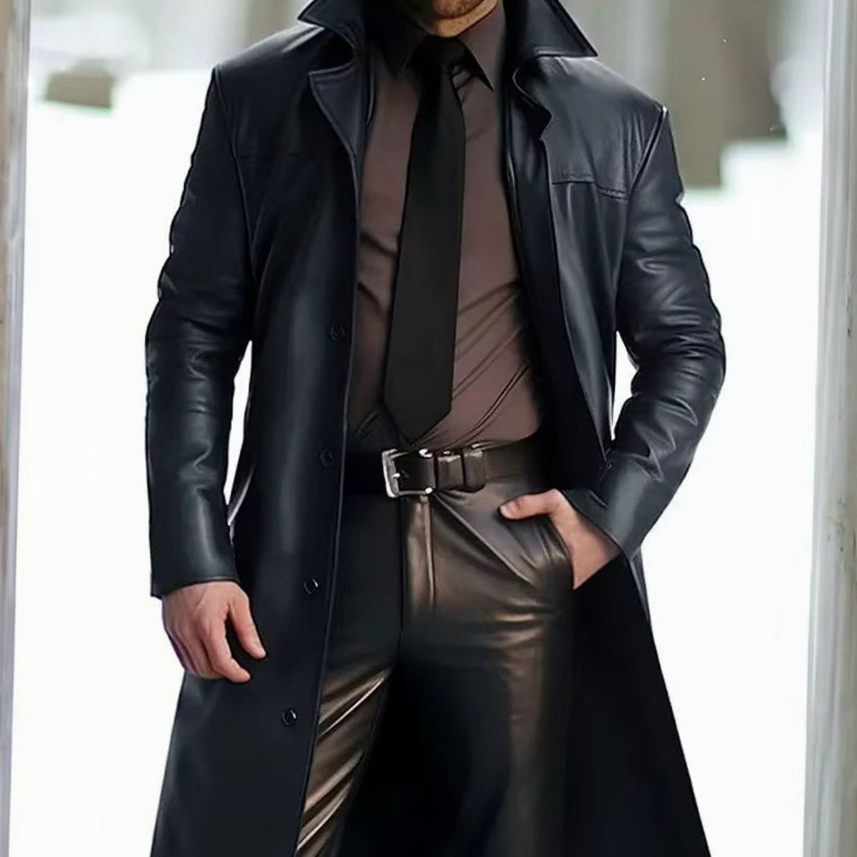Trench-coat long pour homme en similicuir avec boutonnage sur le devant