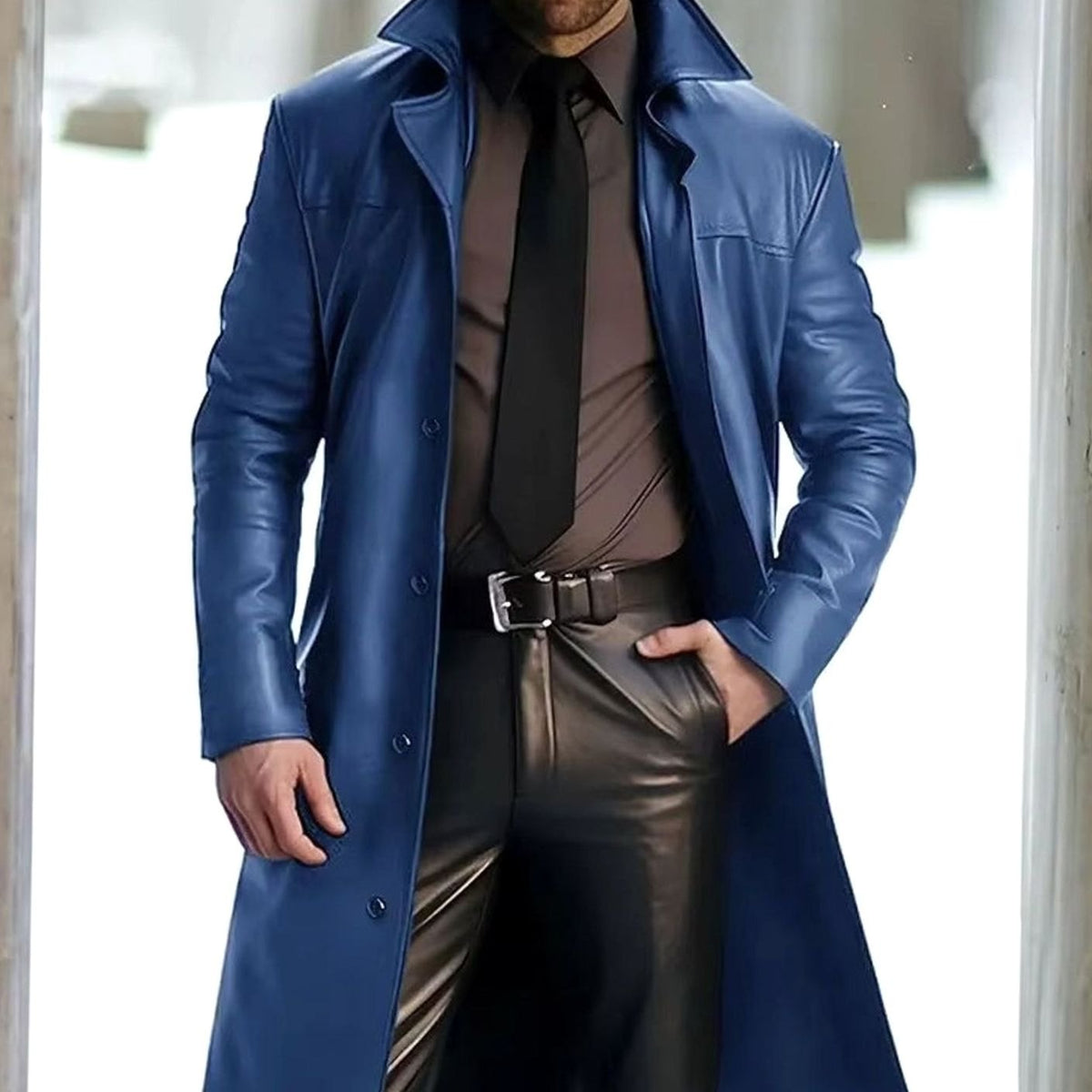 Trench-coat long pour homme en similicuir avec boutonnage sur le devant