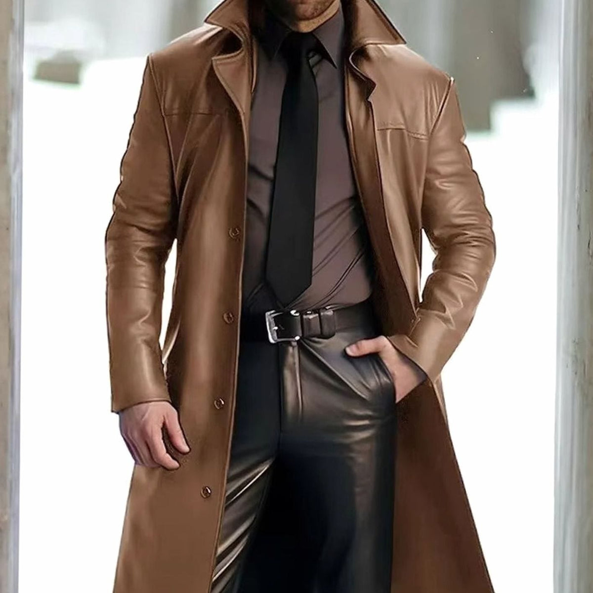 Trench-coat long pour homme en similicuir avec boutonnage sur le devant