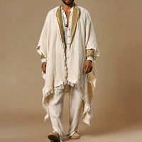 Poncho ample ouvert sur le devant pour homme, en coton et lin, avec franges