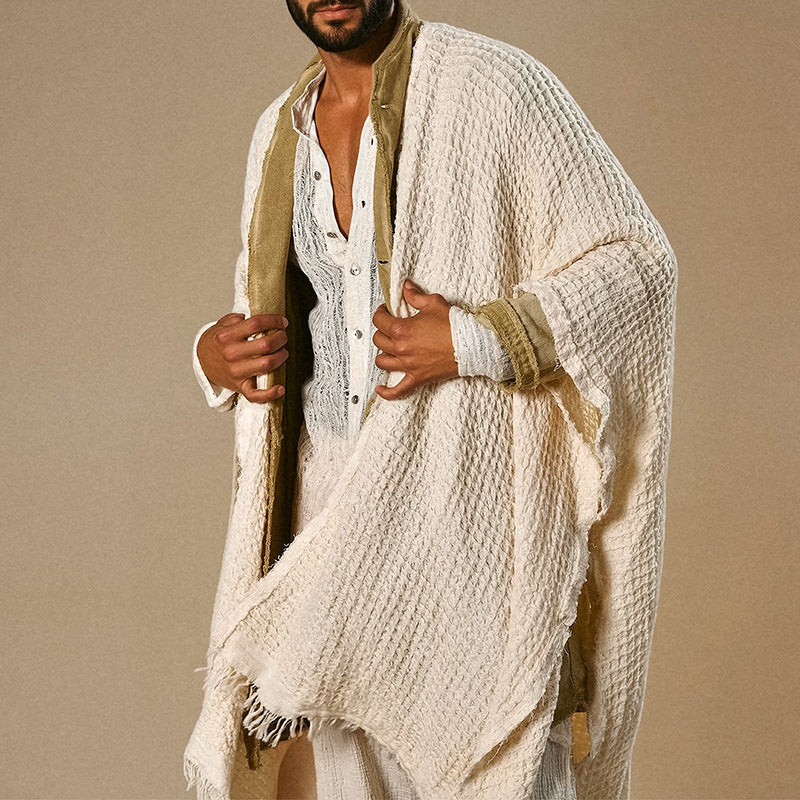 Poncho ample ouvert sur le devant pour homme, en coton et lin, avec franges