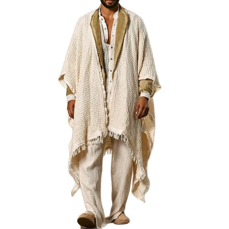Poncho ample ouvert sur le devant pour homme, en coton et lin, avec franges
