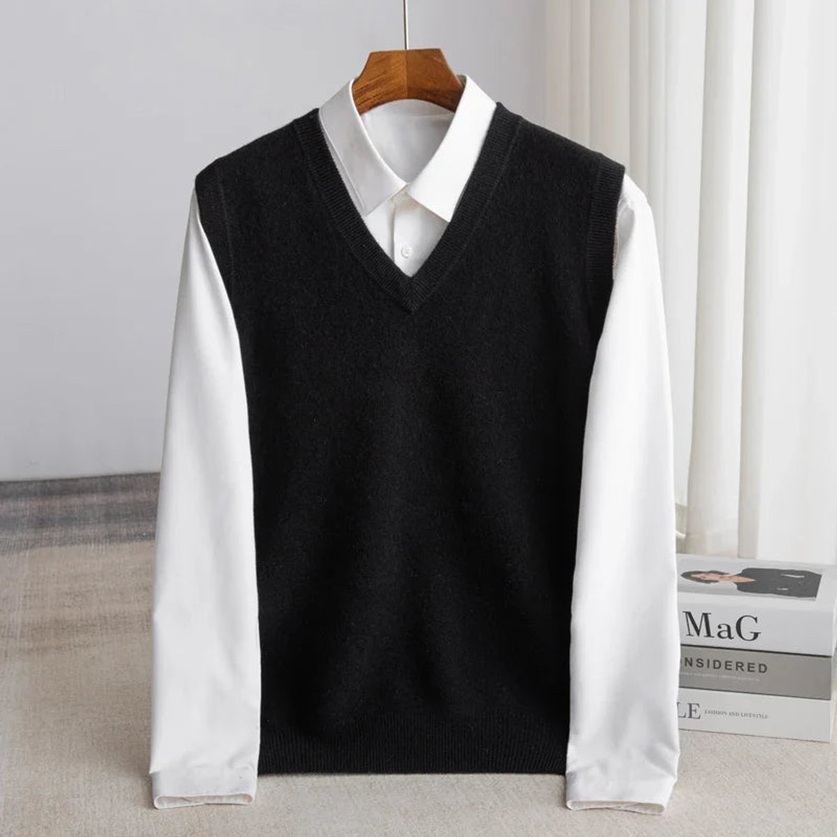 Men's Merino Wool V-Neck Knitted Sweater Vest for Layering