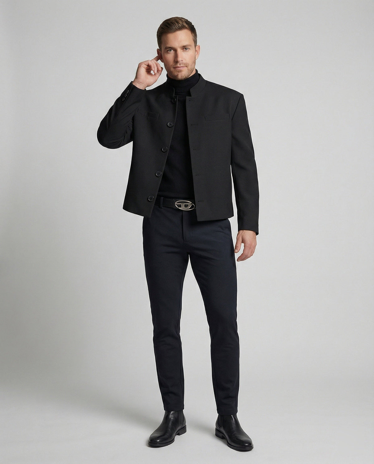 Nouvelle veste courte pour homme de style chinois, à col officier, noire