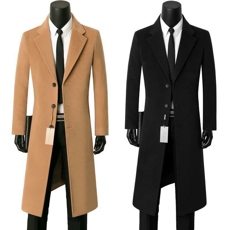 Men's Single-Breasted Slim-Fit Knee-Length Overcoat with Notch Lapels