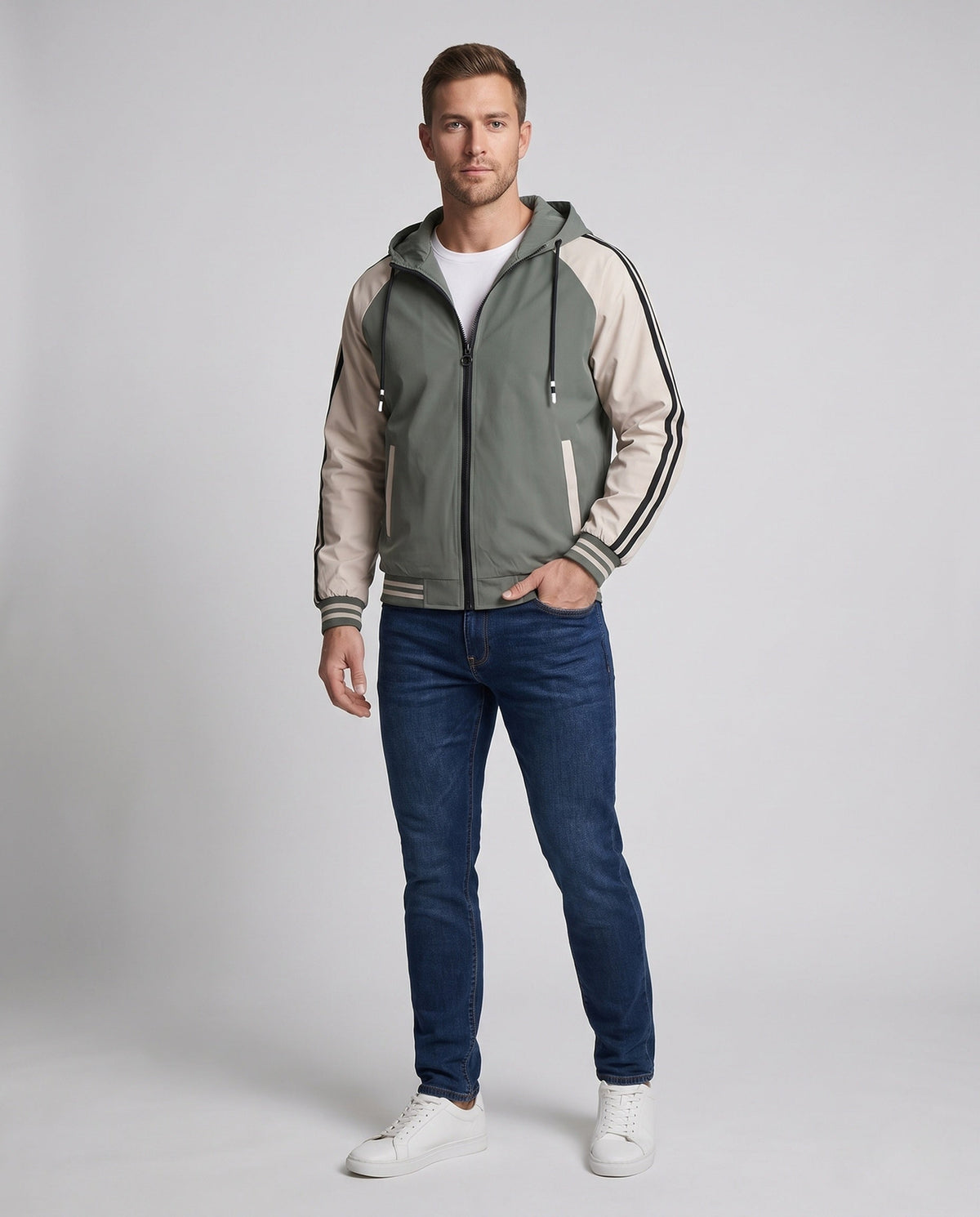 Men's Sporty Colorblock Hooded Jacket with Pockets