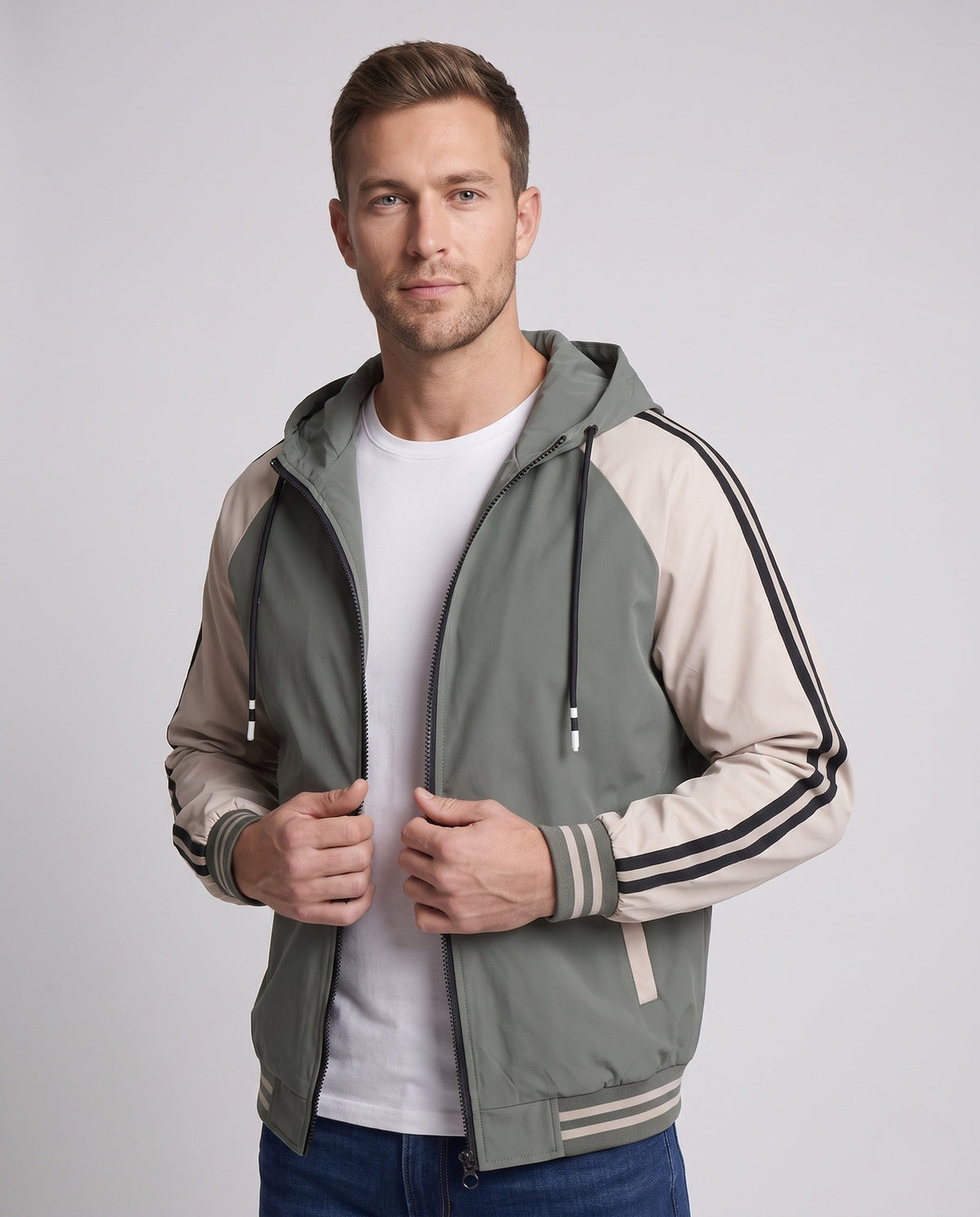 Men's Sporty Colorblock Hooded Jacket with Pockets