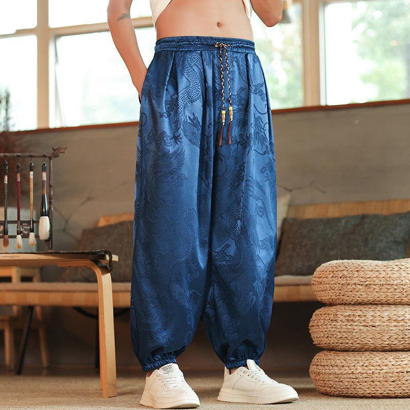 Men's Wide Jacquard Satin Harem Pants with Drawstring, Elastic Cuffs, and Traditional Dragon Motif