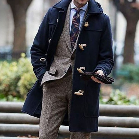Men's Wool Hooded Toggle-Closure Long Overcoat